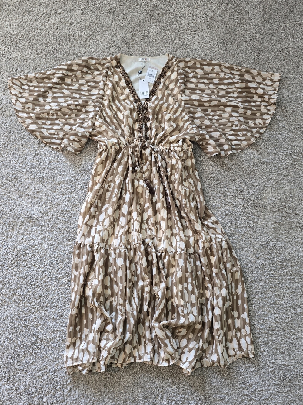 Kaktus Brown/White Animal Print Beaded V-Neck Flutter Sleeve Midi Dress 2XL NWT